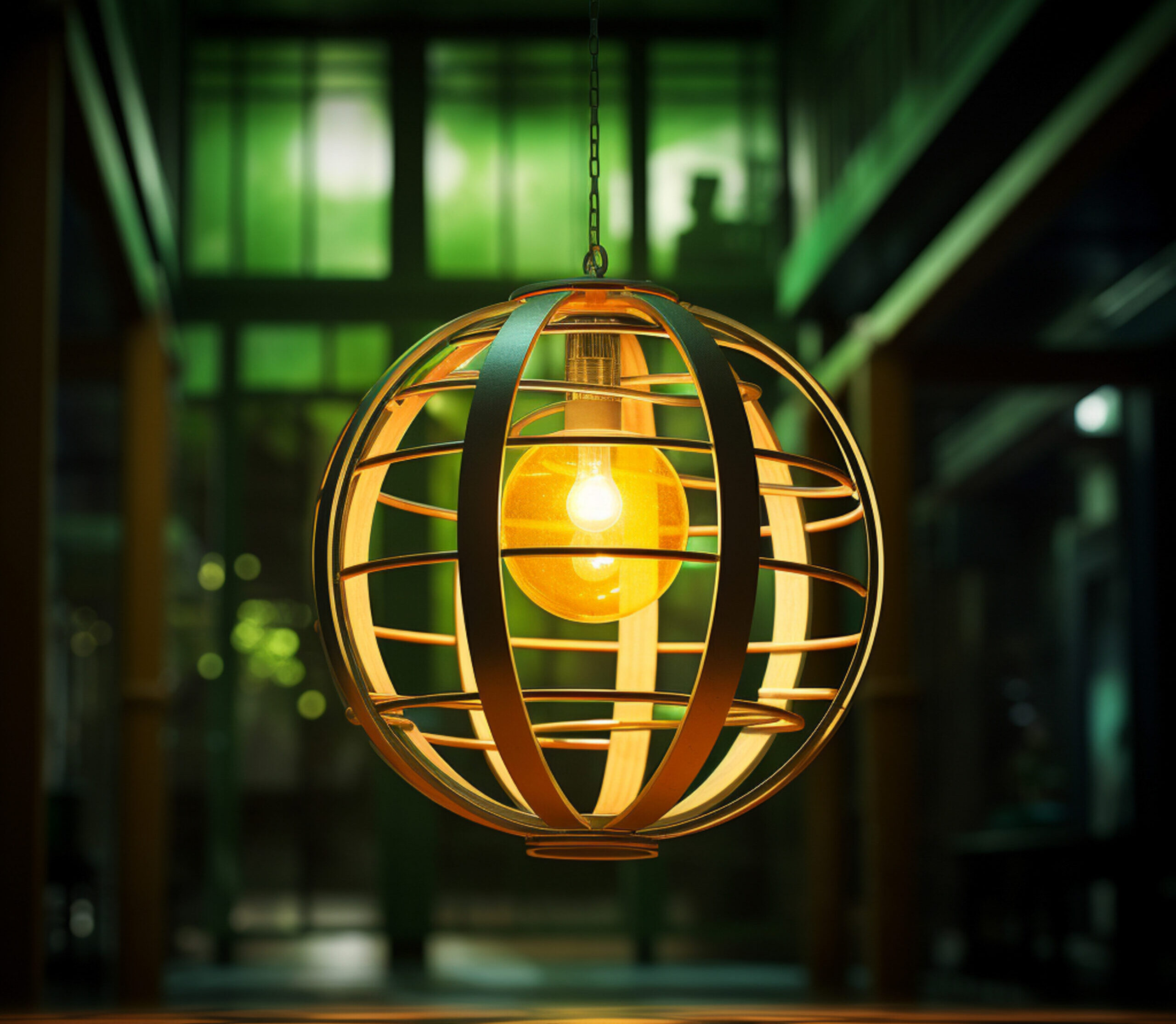 a sphere lighting lamp is hung in a room, in the style of daz3d, green and yellow, raw metallicity, focus stacking, wood, smooth curves, iso 200 --v 5.2 Job ID: 7a29f22c-513f-46d9-86d3-f20280a43889