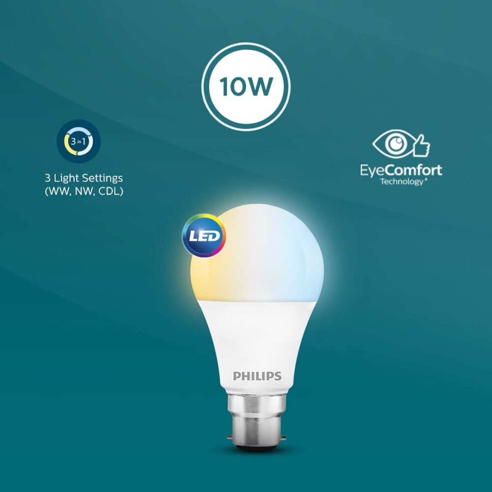 PHILIPS 10-watt LED Bulb|3 Colors in 1 LED Bulb|Scene Switch Bulb for Home & Decoration|Color: Tunable White, Pack of 1, 10 w, b22d - Image 6