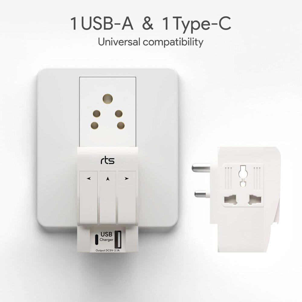 rts 3 Pin Multi Plug Socket-Worldwide Universal Travel Adapter with USB Ports & Type-C PD Individual Switch Safety Shutter LED Indicator-3 Way Plug Socket (5A-250V) Type D Plug for Home Office White - Image 5