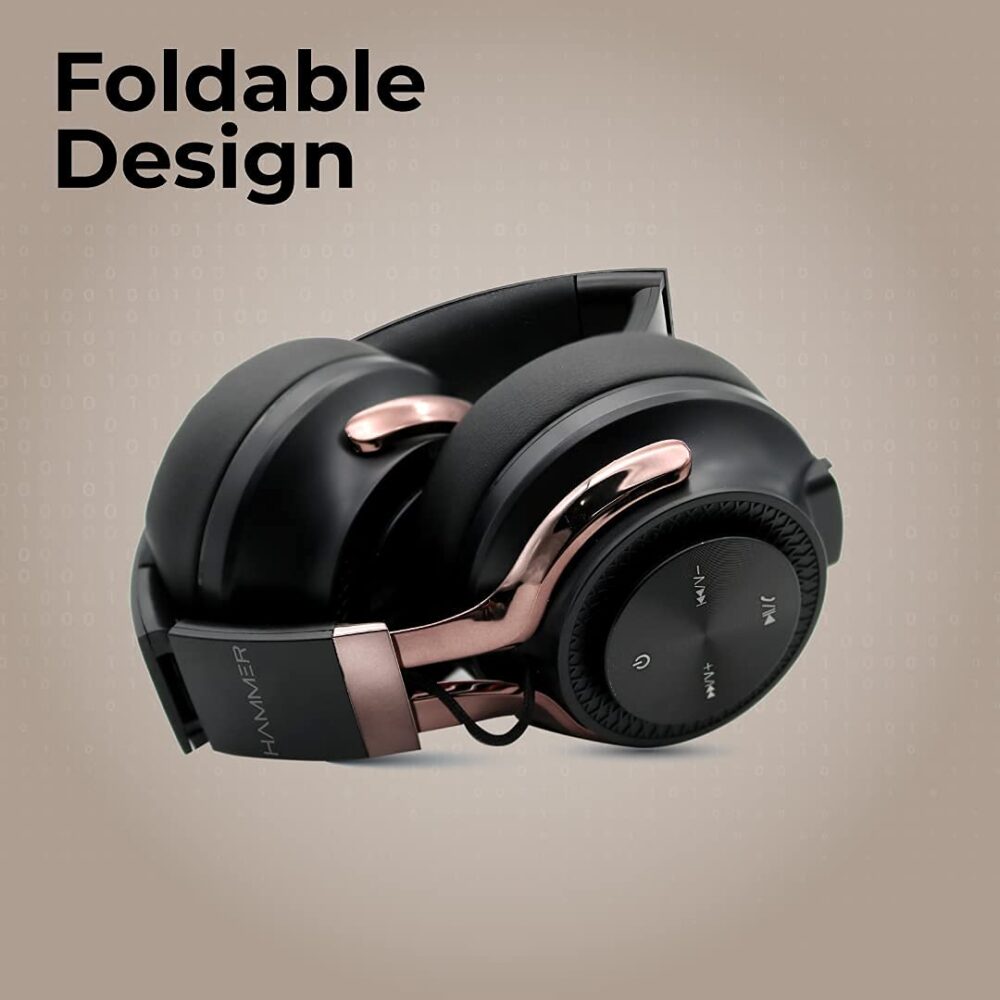 HAMMER Bash Over The Ear Wireless Bluetooth Headphones with Mic, Deep Bass, Foldable Headphones, Fast Pairing, Upto 8 Hours Playtime, Workout/Travel, Bluetooth 5.0 (Black) - Image 2