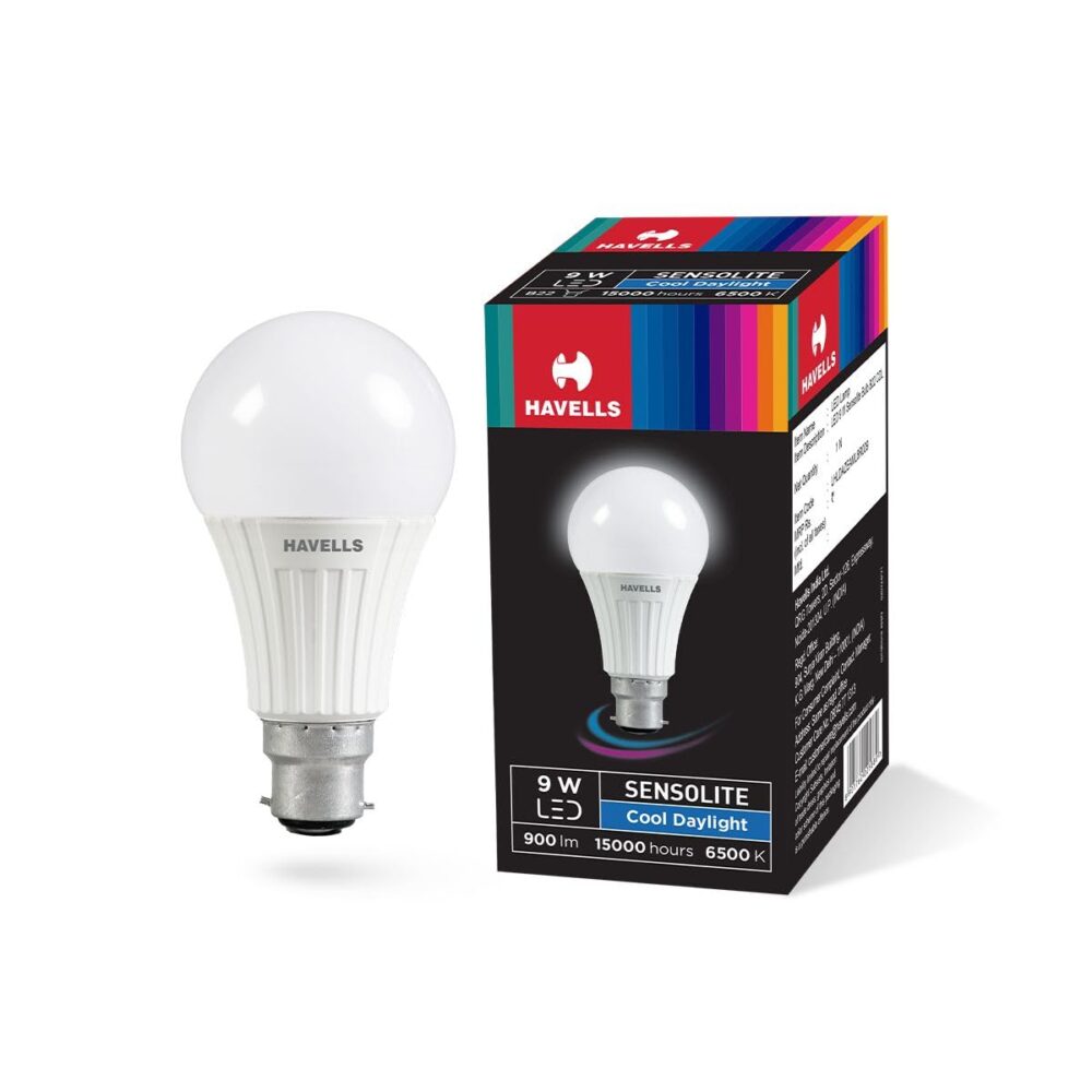 HAVELLS Sensolite 9W Motion Sensor Led Bulb |Auto on-Auto off|5 Mtr Radius Sensor Area (B22 Cool day white)