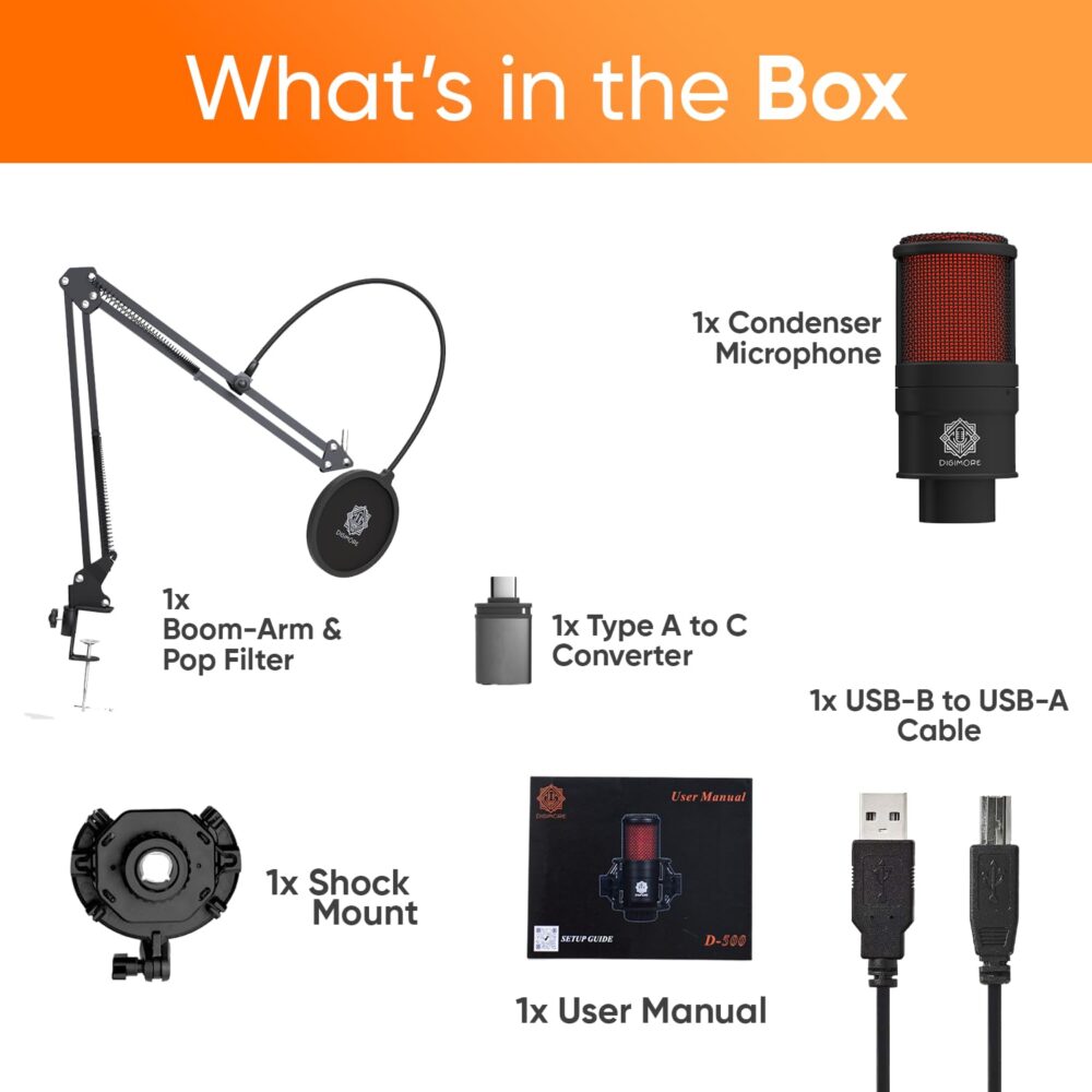 DIGIMORE USB Condenser Microphone Kit | 192kHz/24bit | BoomArm, Pop Filter, Mic Cover, Shock Mount, Tripod & 2.5M USB Cable | Podcasting, Gaming, Singing & Live Streaming (D-500) - Image 2