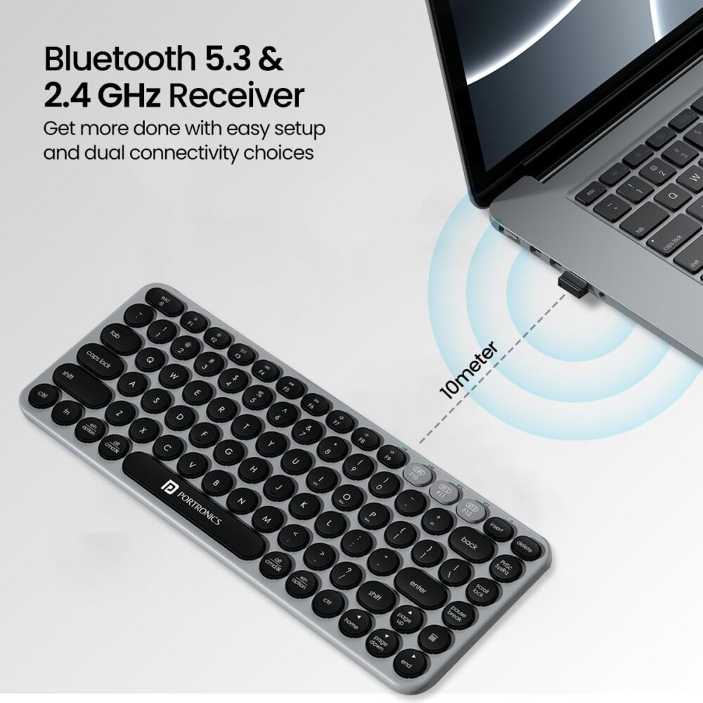 Portronics Bubble 2.0 Wireless Keyboard with Bluetooth + 2.4 GHz Receiver, Connect 3 Devices, Compact TKL Size, 10m Working Range, Function Shortcut Keys, for Laptop, PC, Smartphone, Tablet (Grey) - Image 8