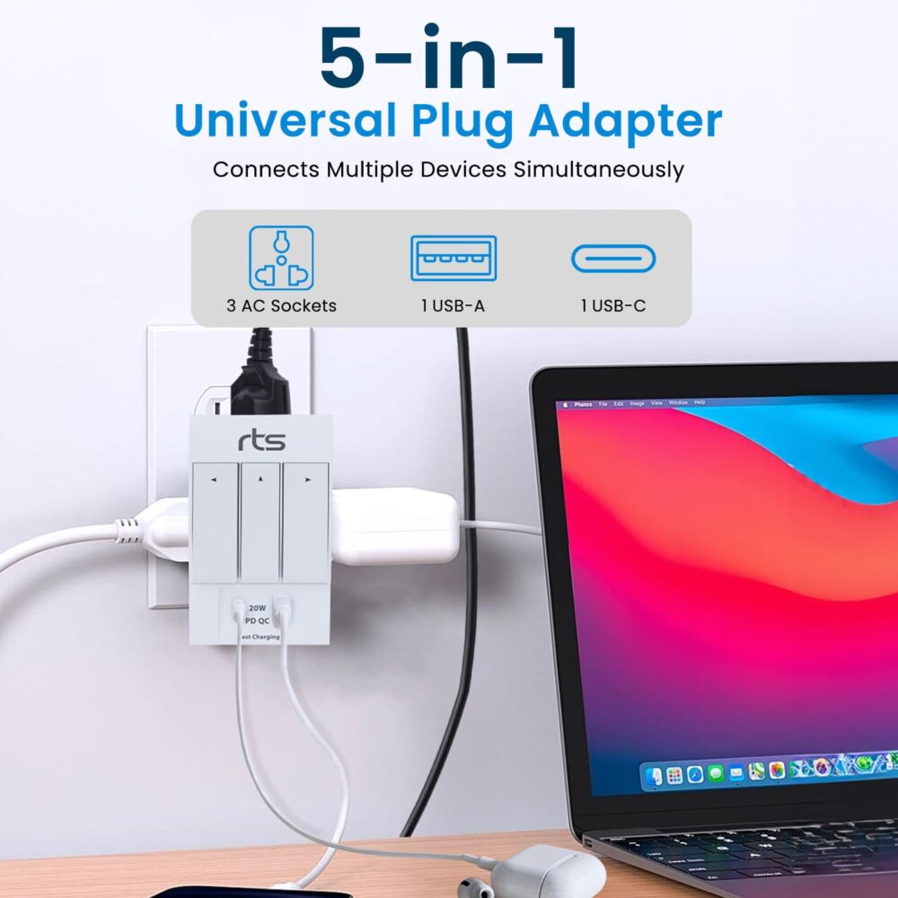 rts 3 Pin Multi Plug Socket-Worldwide Universal Travel Adapter with USB Ports & Type-C PD Individual Switch Safety Shutter LED Indicator-3 Way Plug Socket (5A-250V) Type D Plug for Home Office White - Image 9