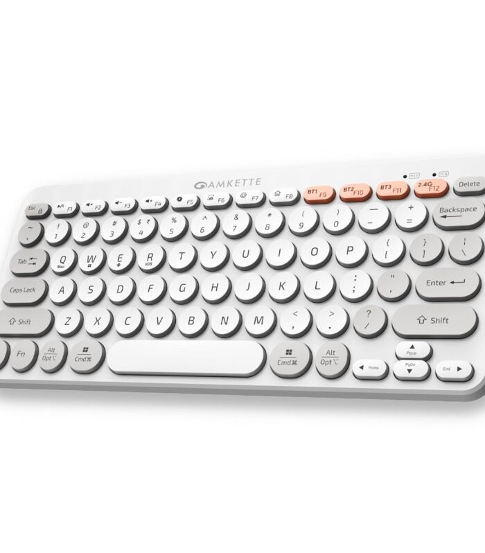 Amkette New and Improved Optimus BT 4 in 1 Multi Device Wireless Keyboard/Bluetooth Keyboard | One Click Device Switching and AI Access for Windows, MacOs, Android and iOS, Dual OS Layout (White)