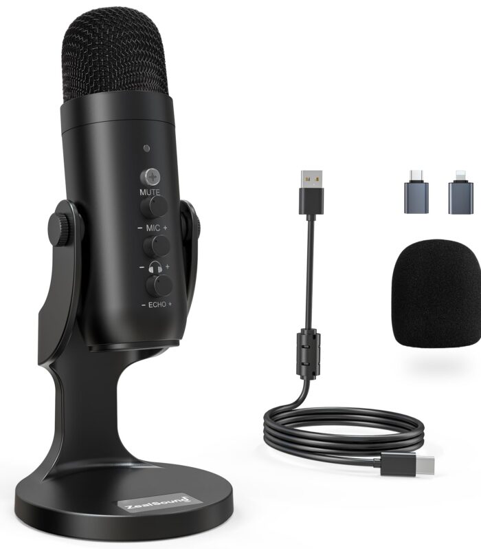 zealsound USB Microphone, Condenser Computer Mic, Plug & Play Gaming Microphone for Phone/PS4/PS5, Headphone Output, Volume Control, Mic Gain Control, Mute Button, YouTube Podcasting on Windows(Black)