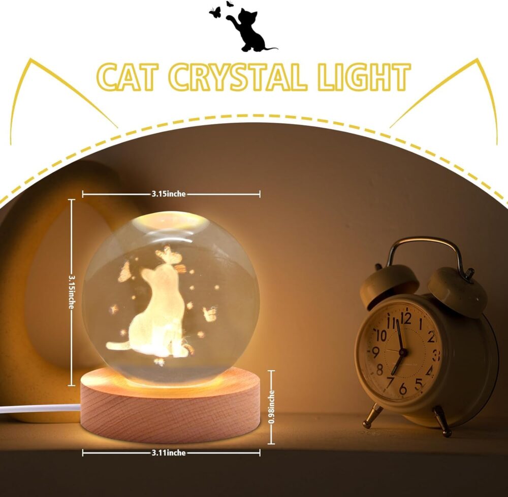 VEDETIC Cat Crystal Ball Night Light, 2.4 Inch Glass Ball Night Lamp with Woodern Base, Decorations Gifts for Men, Women, Kids, Boys, Girls,Teens (H- Cat Crystal Ball Lamp) - Led - Image 5