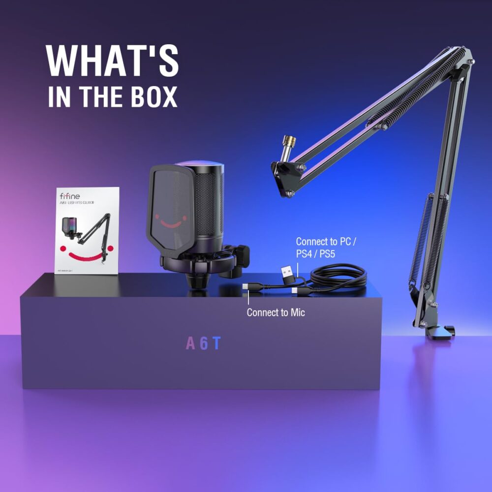 FIFINE USB Gaming Microphone Kit, Plug & Play for PC, PS4/5, 192 kHZ Condenser Cardioid Microphone Set with Mute Button, Volume Gain, RGB, Arm Stand, for Streaming, Discord, Twitch, Video, Youtube-A6T - Image 2