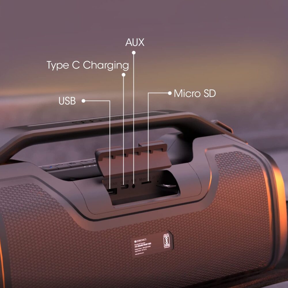 ZEBRONICS Zeb-Sound Feast 500 Bluetooth 5.0 Portable Speaker with 70W, 9H* Backup, TWS, IPX5 Waterproof, Call Function, RGB Lights, AUX, mSD, Voice Assistant, Type C and Grill Finish - Image 7