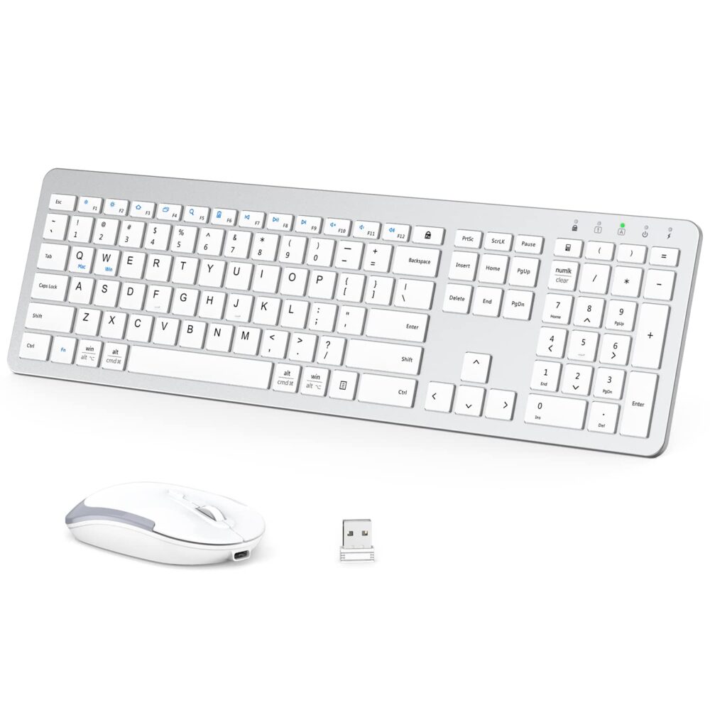 iClever Wireless Keyboard and Mouse GK08 - Rechargeable, Ergonomic, Quiet, Full Size Design with Number Pad, 2.4G Stable Connection Slim Mac Keyboard and Mouse for Windows, Mac OS Computer, Silver