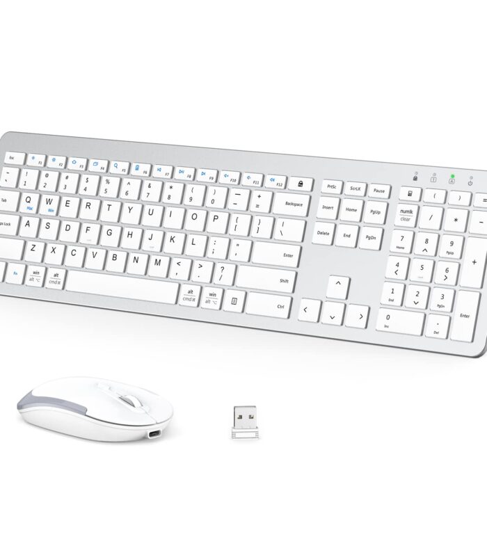 iClever Wireless Keyboard and Mouse GK08 - Rechargeable, Ergonomic, Quiet, Full Size Design with Number Pad, 2.4G Stable Connection Slim Mac Keyboard and Mouse for Windows, Mac OS Computer, Silver