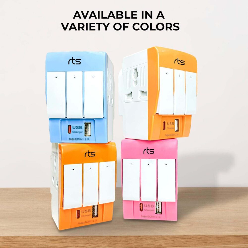 rts 3 Pin Multi Plug Socket-Worldwide Universal Travel Adapter with USB Ports & Type-C PD Individual Switch Safety Shutter LED Indicator-3 Way Plug Socket (5A-250V) Type D Plug for Home Office White - Image 6