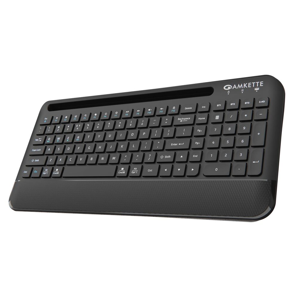 Amkette Optimus Pro Max Multi Device (4in1) Rechargeable Wireless Keyboard/Bluetooth Keyboard | One Click Device Switching and AI Access for MacOS, Windows, Android & iOS | Dual OS Layout (Black)