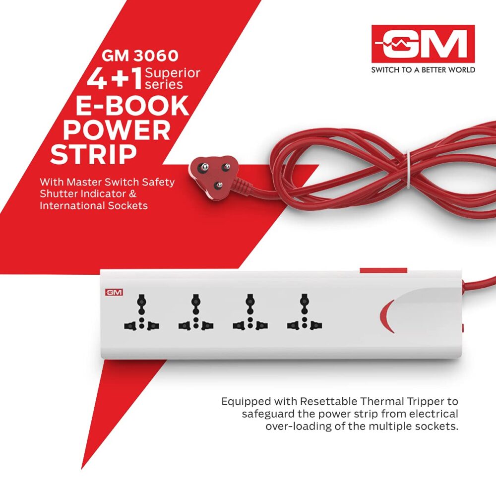GM 3060 Extension Board 10Amp Output 250 Volts with 2 Mtr Extension Cord & Surge Protector | Master Switch, Safety Shutter, 4 International Sockets | Multi Plug Travel Adapter for Home Appliances - Image 3