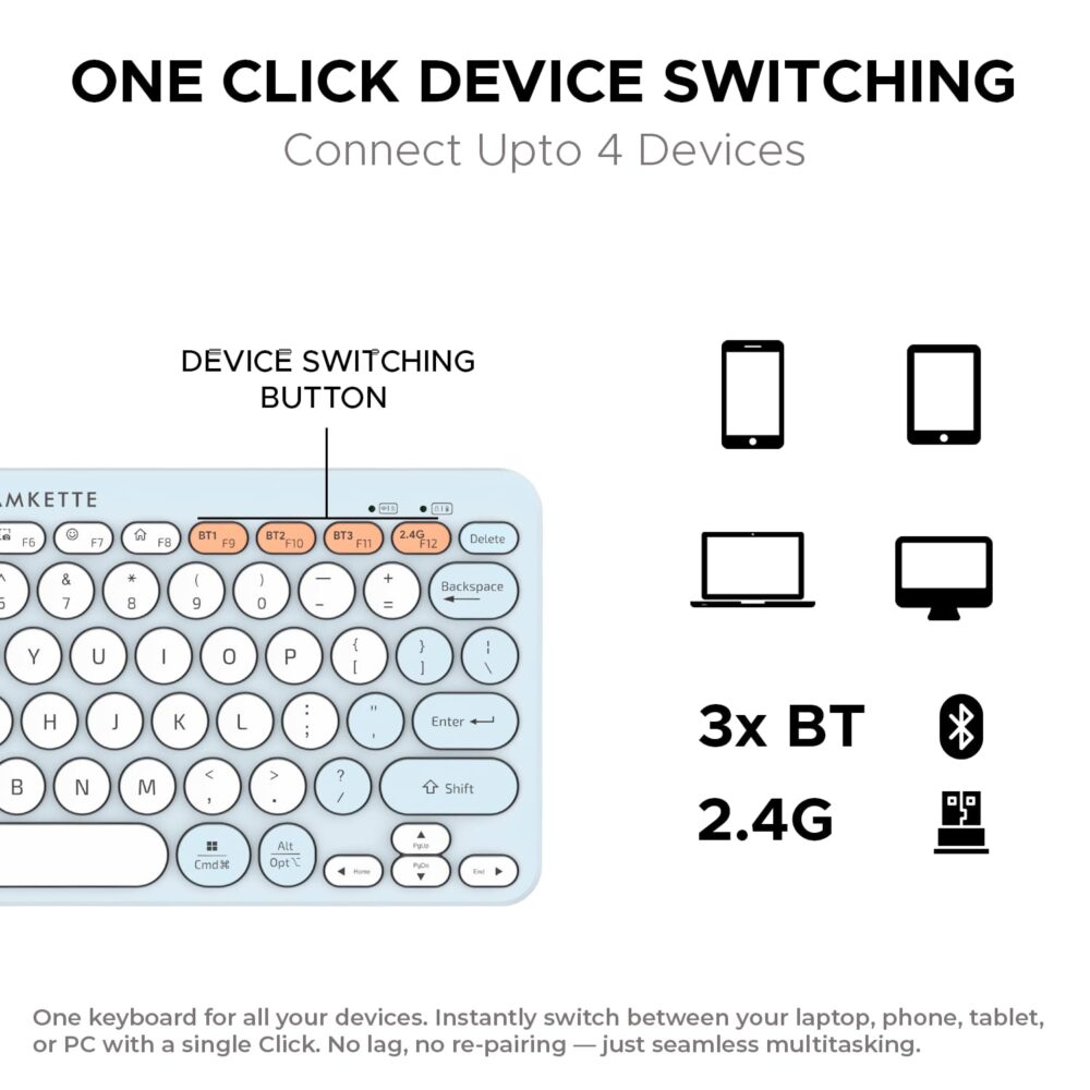 Amkette New and Improved Optimus BT 4 in 1 Multi Device Wireless Keyboard/Bluetooth Keyboard | One Click Device Switching and AI Access for Windows, MacOs, Android and iOS, Dual OS Layout (Blue) - Image 9