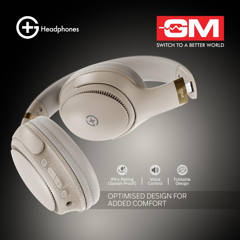 GM G+ Headphones, Over The Ear Headphones with Mic, BT 5.3, Pure Bass, 45ms Low Latency, Dual Pairing, 4 Play Modes (FM, Radio, SD Aux) 55H Playtime - White - Image 6