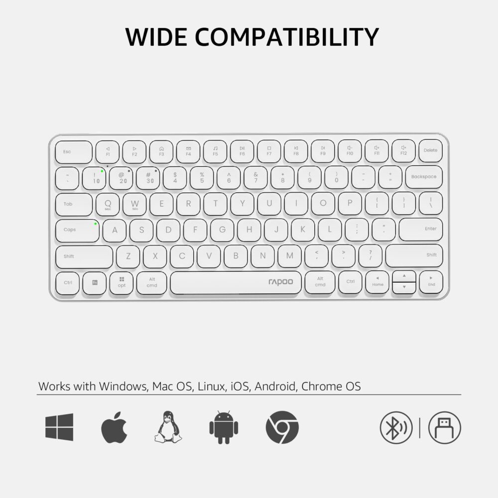 Rapoo E9050L Bluetooth Wireless Multi-Device Keyboard(4 Devices), Rechargeable, Led Indicators, Ultra-Thin, Ergonomic, Compatible with Windows, iOS, Android, Tab, Smartphones -White, 3-Year Warranty - Image 3