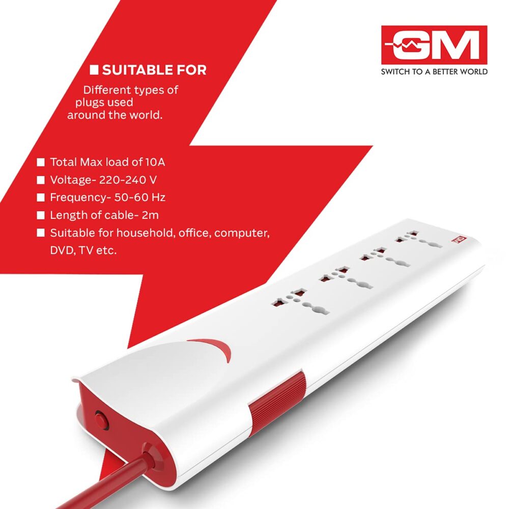 GM 3060 Extension Board 10Amp Output 250 Volts with 2 Mtr Extension Cord & Surge Protector | Master Switch, Safety Shutter, 4 International Sockets | Multi Plug Travel Adapter for Home Appliances - Image 4