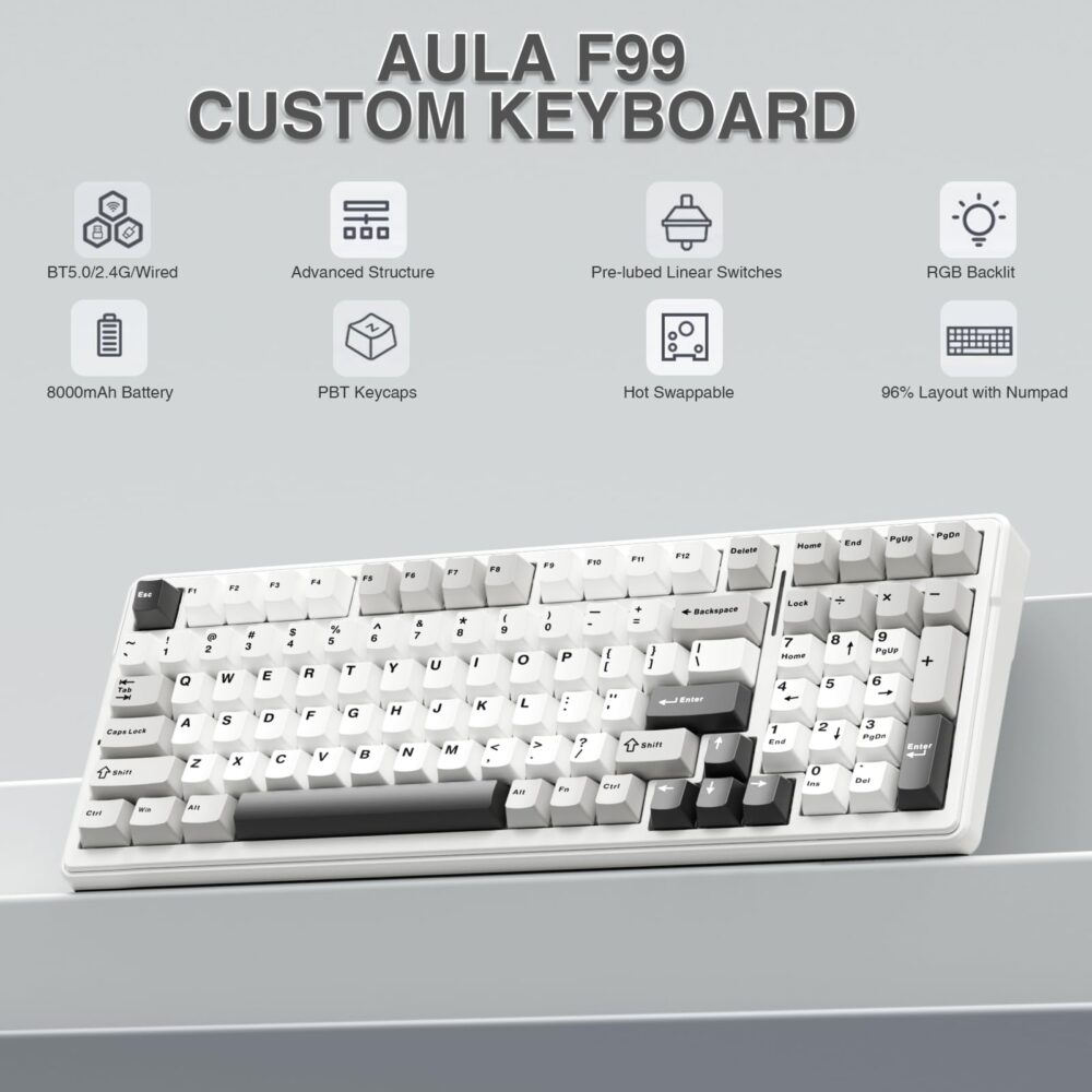 AULA F99 Wireless Mechanical Keyboard | Tri-Mode BT5.0/2.4GHz/USB-C Hot Swappable | Pre-lubed Linear Switches, Gasket Structure | RGB Backlit Gaming Keyboard (Grey+White - Graywood Switch) - Image 9