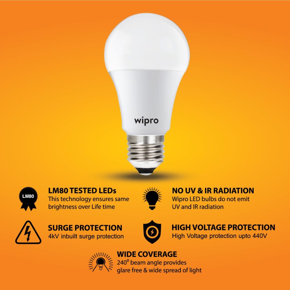 wipro Garnet 9W LED Bulb for Home & Office |Warm White (2700K) | E27 Base|220 degree Light coverage |4Kv Surge Protection |400V High Voltage Protection |Energy Efficient | Pack of 1 - Image 5