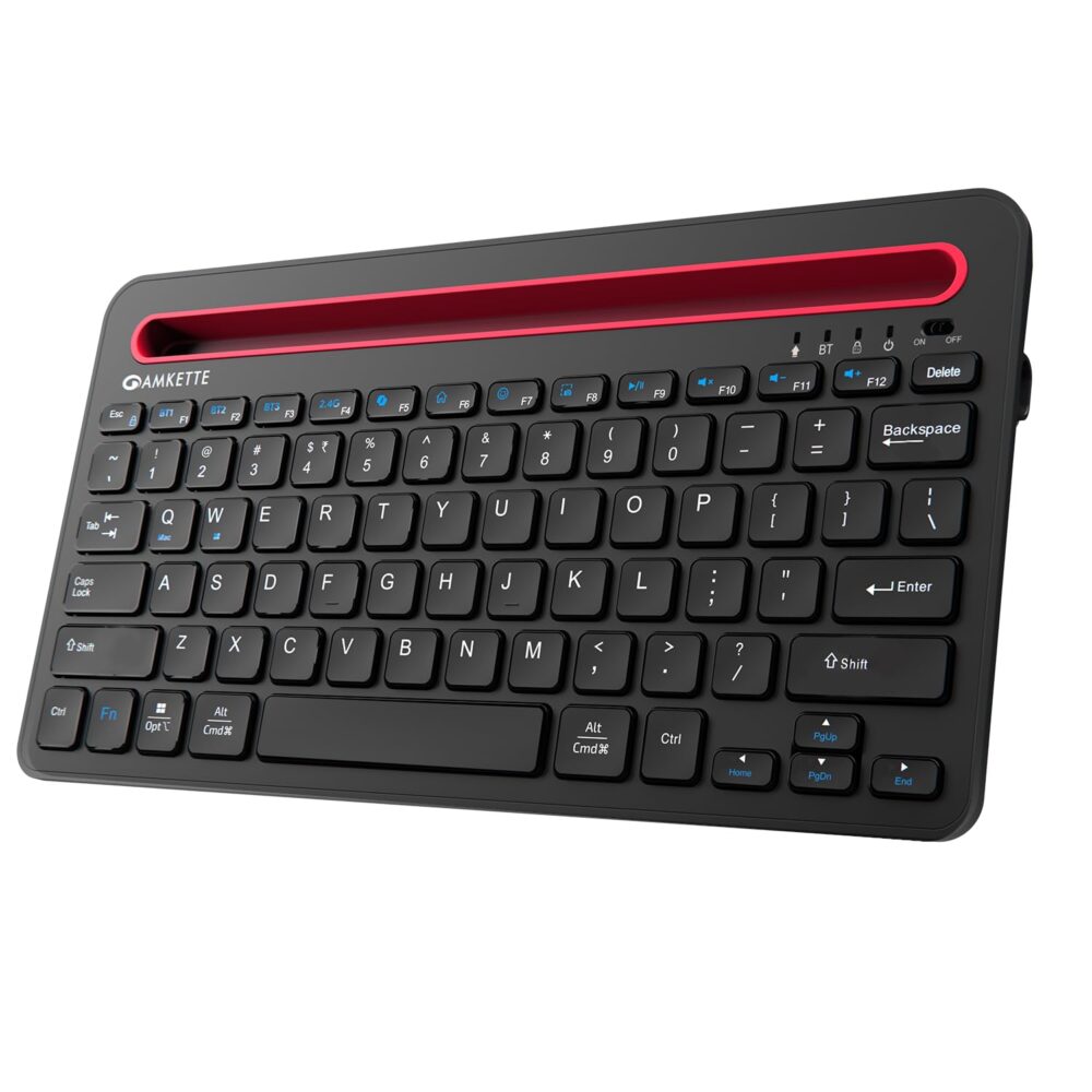 Amkette [New & Improved Optimus Pro Multi Device (4in1) Rechargeable Wireless Keyboard/Bluetooth Keyboard | One Click Device Switching & AI Access for MacOS & Windows | Tablet & Phone Holder (Black)