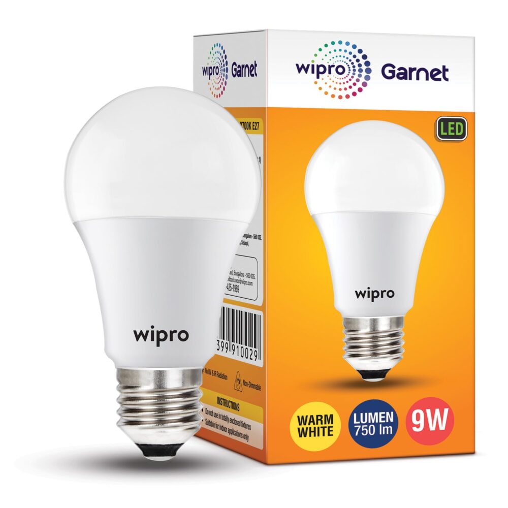 wipro Garnet 9W LED Bulb for Home & Office |Warm White (2700K) | E27 Base|220 degree Light coverage |4Kv Surge Protection |400V High Voltage Protection |Energy Efficient | Pack of 1