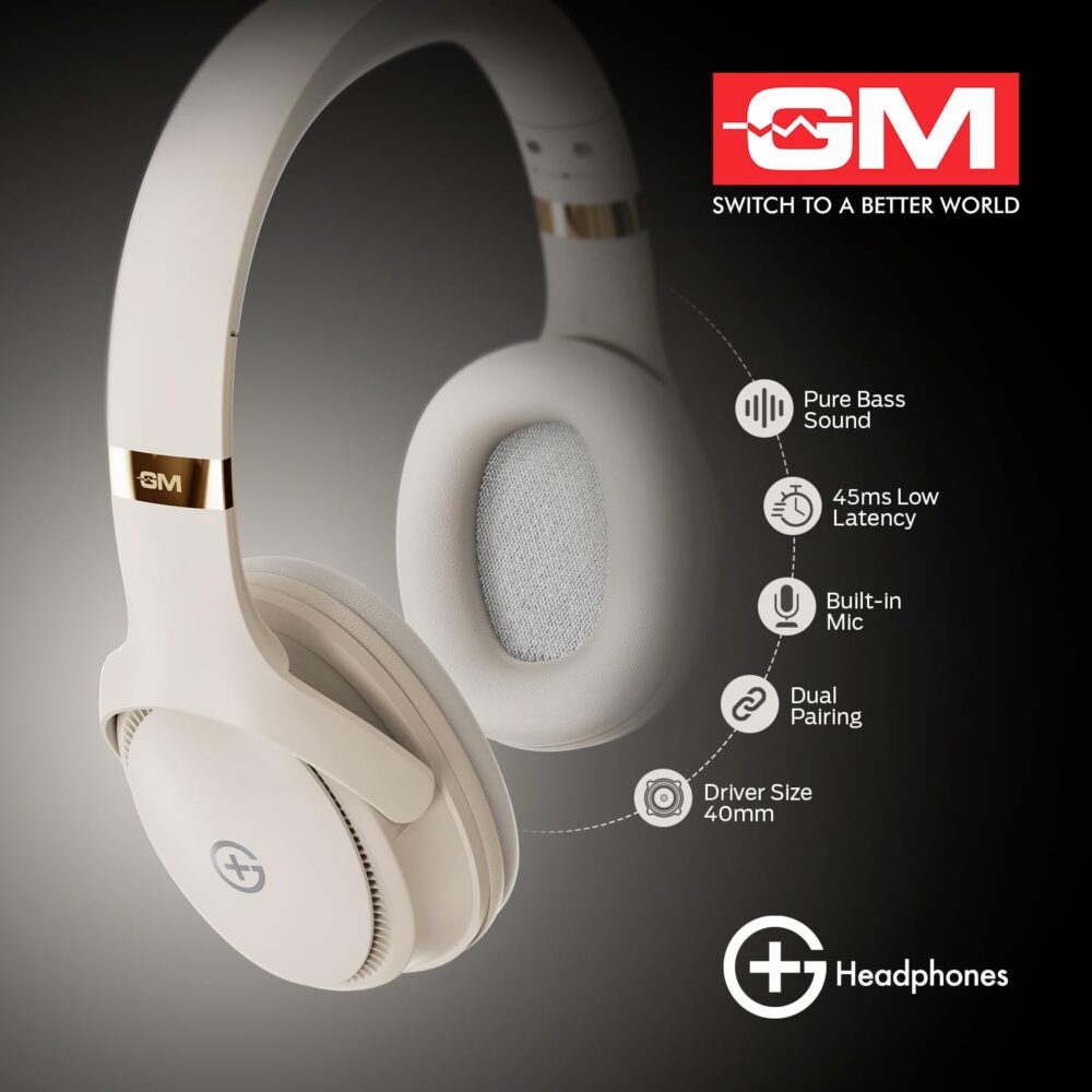 GM G+ Headphones, Over The Ear Headphones with Mic, BT 5.3, Pure Bass, 45ms Low Latency, Dual Pairing, 4 Play Modes (FM, Radio, SD Aux) 55H Playtime - White - Image 7