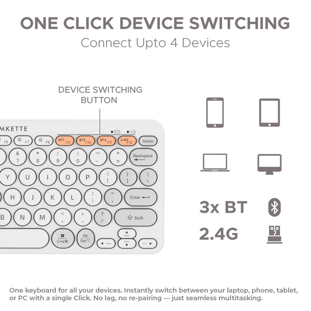 Amkette New and Improved Optimus BT 4 in 1 Multi Device Wireless Keyboard/Bluetooth Keyboard | One Click Device Switching and AI Access for Windows, MacOs, Android and iOS, Dual OS Layout (White) - Image 9