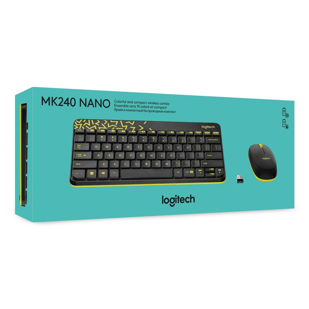 Logitech MK240 Nano Wireless USB Keyboard and Mouse Set, 12 Function Keys 2.4GHz Wireless, 1000DPI, Spill-Resistant Design, PC/Mac, Black/Chartreuse Yellow - Image 3