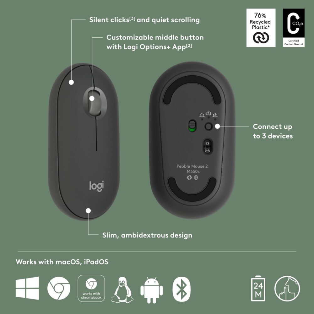 Logitech Pebble Mouse 2 M350s Slim Bluetooth Wireless Mouse, Portable, Lightweight, Customisable Button, Quiet Clicks, Easy-Switch for Windows, macOS, iPadOS, Android, Chrome OS - Tonal Graphite - Image 6