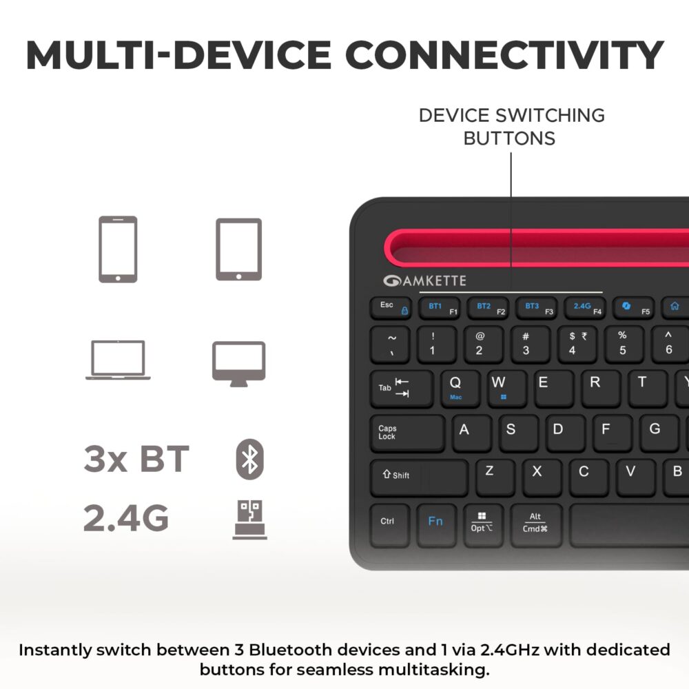 Amkette [New & Improved Optimus Pro Multi Device (4in1) Rechargeable Wireless Keyboard/Bluetooth Keyboard | One Click Device Switching & AI Access for MacOS & Windows | Tablet & Phone Holder (Black) - Image 9