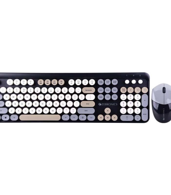 ZEBRONICS Newly launched Companion 301 2.4GHz Wireless Keyboard & Mouse Combo with UV Printed, Retro Style Keys, 104 + 12 Integrated Multimedia Keys, 1600 DPI, High Precision (Black + Grey)