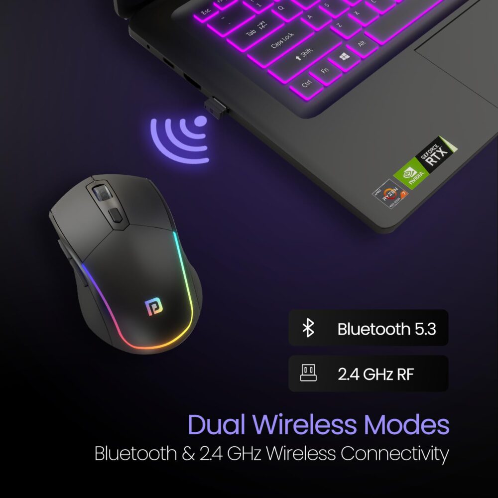 Portronics Toad One Bluetooth Mouse with 2.4 GHz & BT 5.3 Dual Wireless, 6 Buttons, Rechargeable, RGB Lights, Connect 3 Devices, Ergonomic Design for Laptop, Smartphone, Tablet (Black) - Image 8