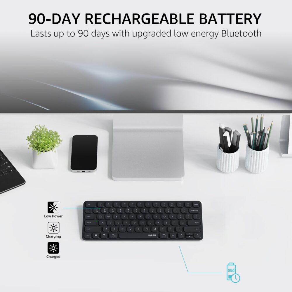 Rapoo E9050L Bluetooth Wireless Multi-Device Keyboard(4 Devices), Rechargeable, Led Indicators, Ultra-Thin, Ergonomic, Compatible with Windows, iOS, Android, Tab, Smartphones -Grey 3-Year Warranty - Image 4