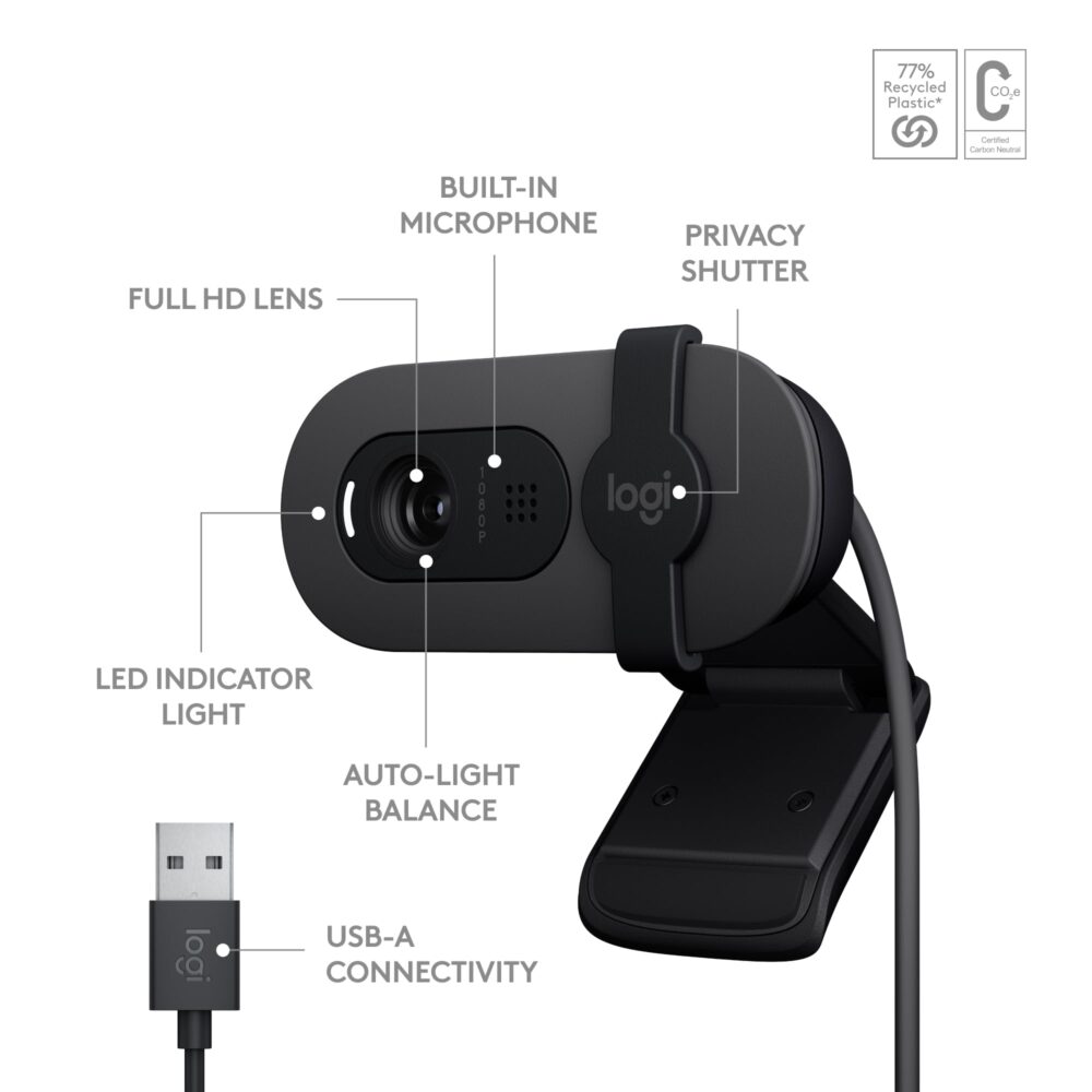 Logitech Brio 100 Full HD Webcam for Meetings and Streaming, Auto-Light Balance, Built-in Mic, Privacy Shutter, USB-A, for Microsoft Teams, Google Meet, Zoom and More- Graphite - Image 5