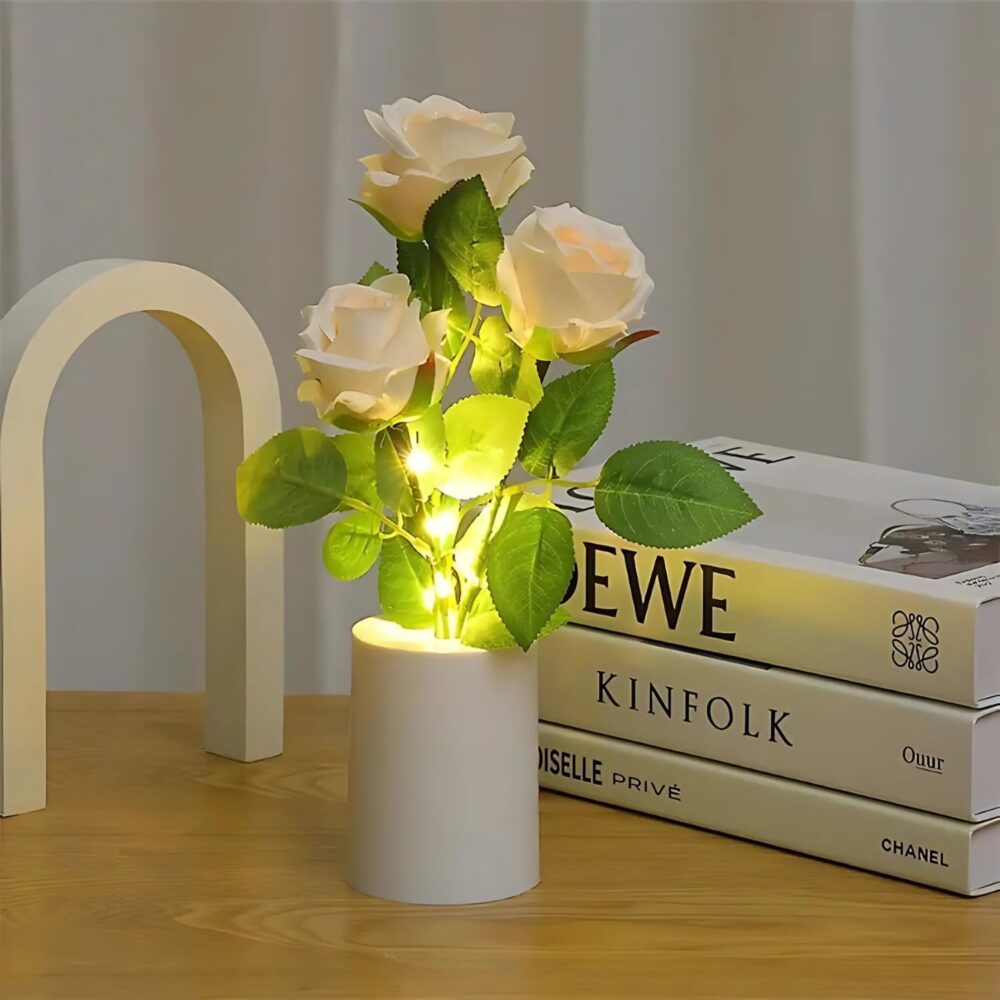 One94Store LED Rose Lamp – Romantic Bedside Night Light, Simulation Bouquet for Home, Bedroom, Wedding & Decorative Display Warm White (White Rose)