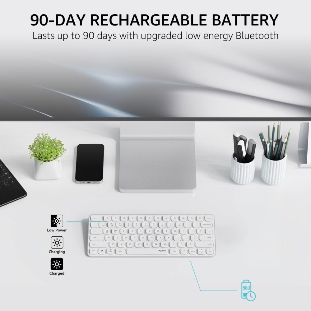Rapoo E9050L Bluetooth Wireless Multi-Device Keyboard(4 Devices), Rechargeable, Led Indicators, Ultra-Thin, Ergonomic, Compatible with Windows, iOS, Android, Tab, Smartphones -White, 3-Year Warranty - Image 4