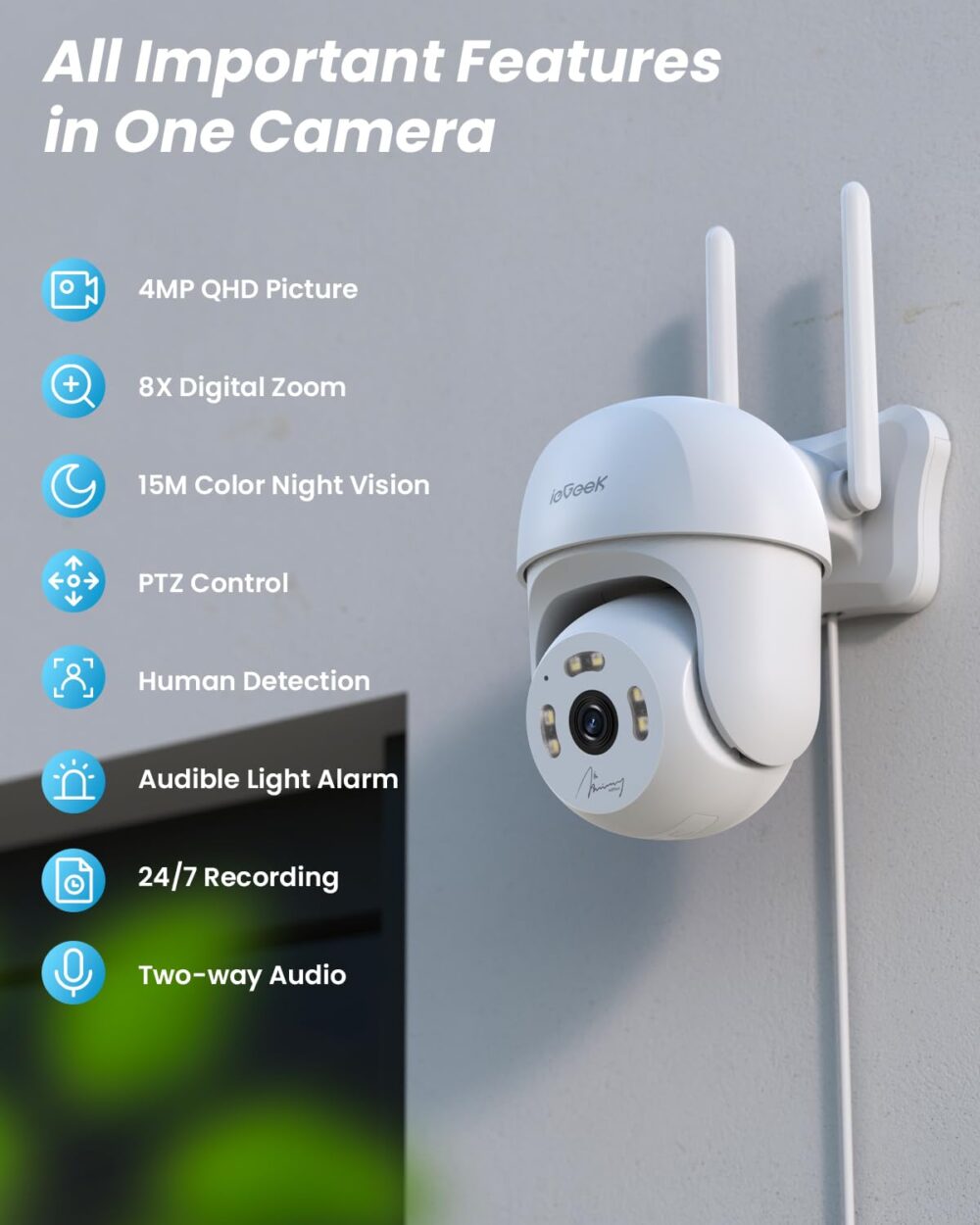 ieGeek 4MP CCTV Camera for Home Outdoor, WiFi Security Camera, 360°Pan/Tilt, Colour Night Vision, Motion Tracking, Human Detection, Two-Way Audio, Siren, Alexa, IP65… - Image 9