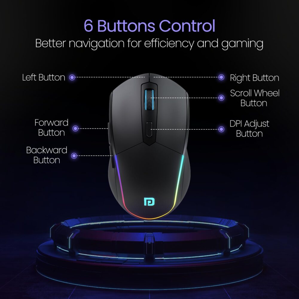 Portronics Toad One Bluetooth Mouse with 2.4 GHz & BT 5.3 Dual Wireless, 6 Buttons, Rechargeable, RGB Lights, Connect 3 Devices, Ergonomic Design for Laptop, Smartphone, Tablet (Black) - Image 6