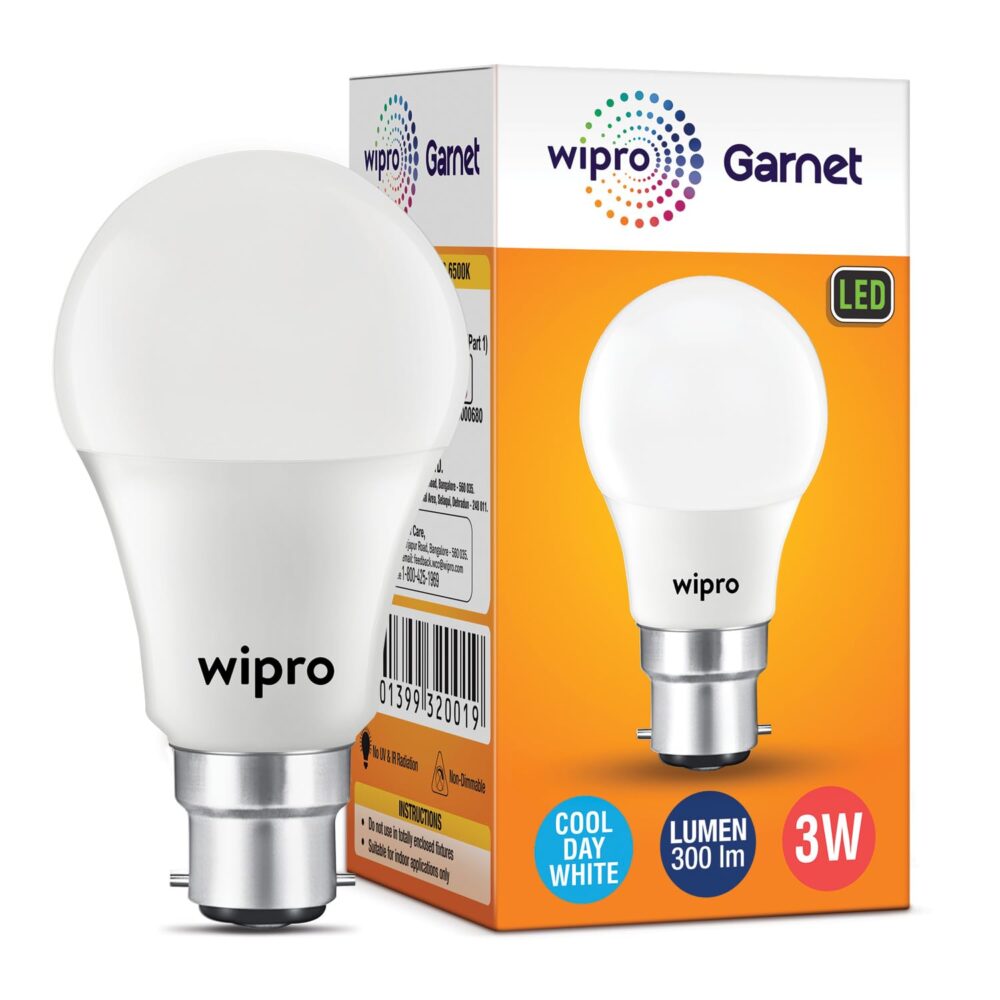 wipro Garnet 3W LED Bulb for Home & Office |Cool Day White (6500K) | B22 Base|220 degree Light coverage |4Kv Surge Protection |400V High Voltage Protection |Energy Efficient | Pack of 8 - Image 2