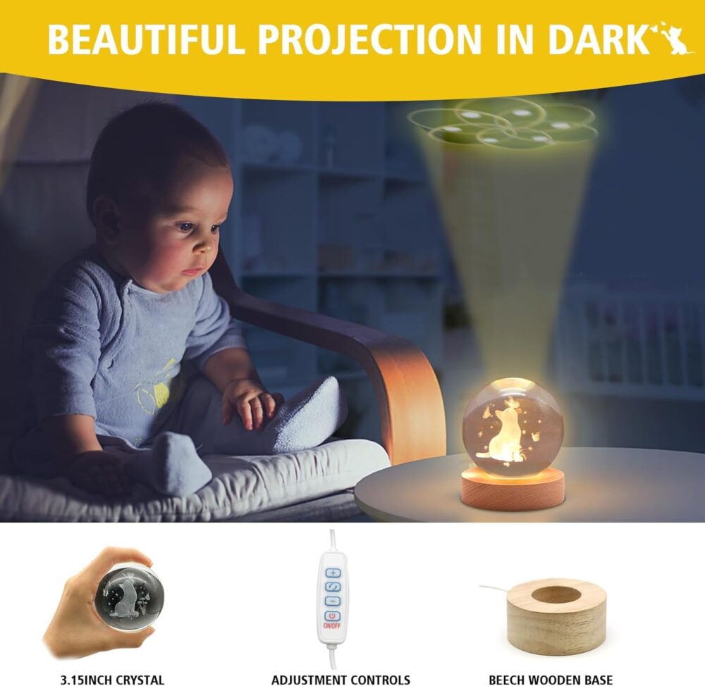 VEDETIC Cat Crystal Ball Night Light, 2.4 Inch Glass Ball Night Lamp with Woodern Base, Decorations Gifts for Men, Women, Kids, Boys, Girls,Teens (H- Cat Crystal Ball Lamp) - Led - Image 3