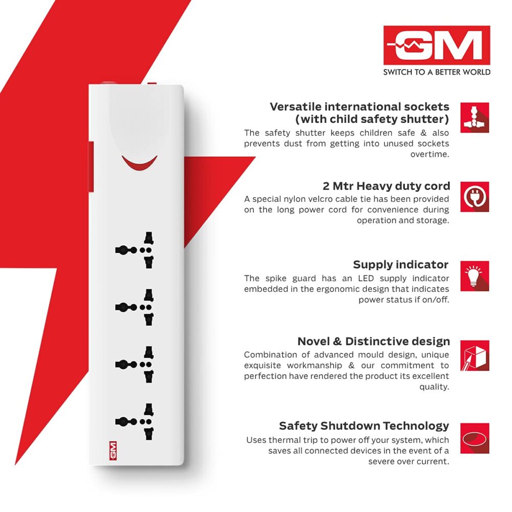 GM 3060 Extension Board 10Amp Output 250 Volts with 2 Mtr Extension Cord & Surge Protector | Master Switch, Safety Shutter, 4 International Sockets | Multi Plug Travel Adapter for Home Appliances - Image 2