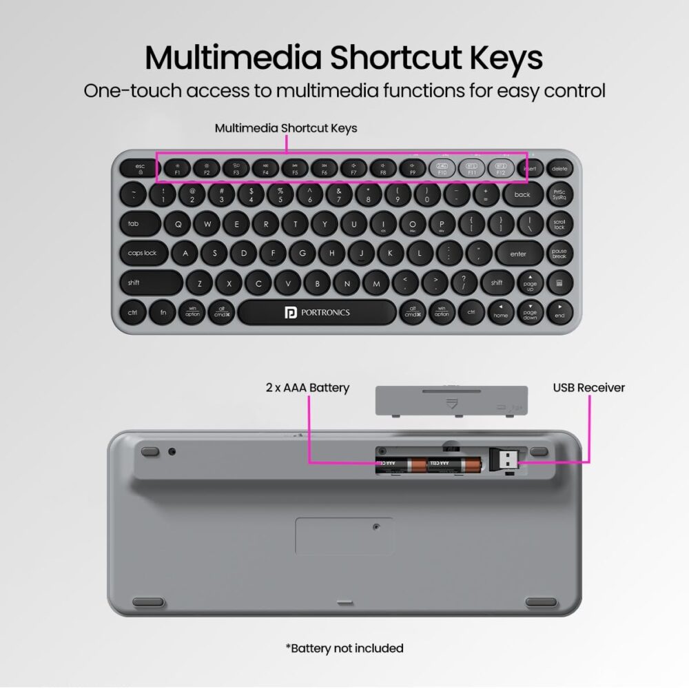 Portronics Bubble 2.0 Wireless Keyboard with Bluetooth + 2.4 GHz Receiver, Connect 3 Devices, Compact TKL Size, 10m Working Range, Function Shortcut Keys, for Laptop, PC, Smartphone, Tablet (Grey) - Image 5