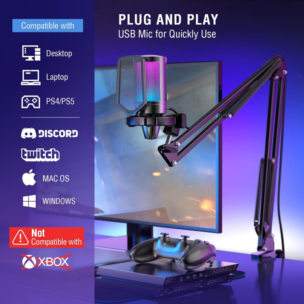 FIFINE USB Gaming Microphone Kit, Plug & Play for PC, PS4/5, 192 kHZ Condenser Cardioid Microphone Set with Mute Button, Volume Gain, RGB, Arm Stand, for Streaming, Discord, Twitch, Video, Youtube-A6T - Image 4