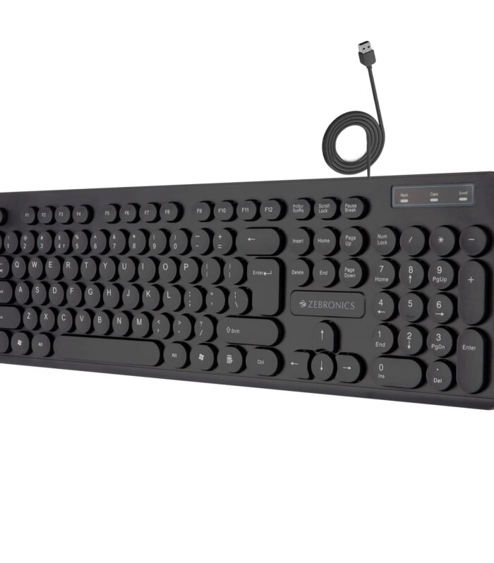 Zebronics K24 Wired USB Keyboard, 104 Keys, Long Life 8 Million Keystrokes, Silent & Comfortable Use, Slim Design, Retractable Stand, 1.5 Meter Textured Cable, UV Coated keycaps