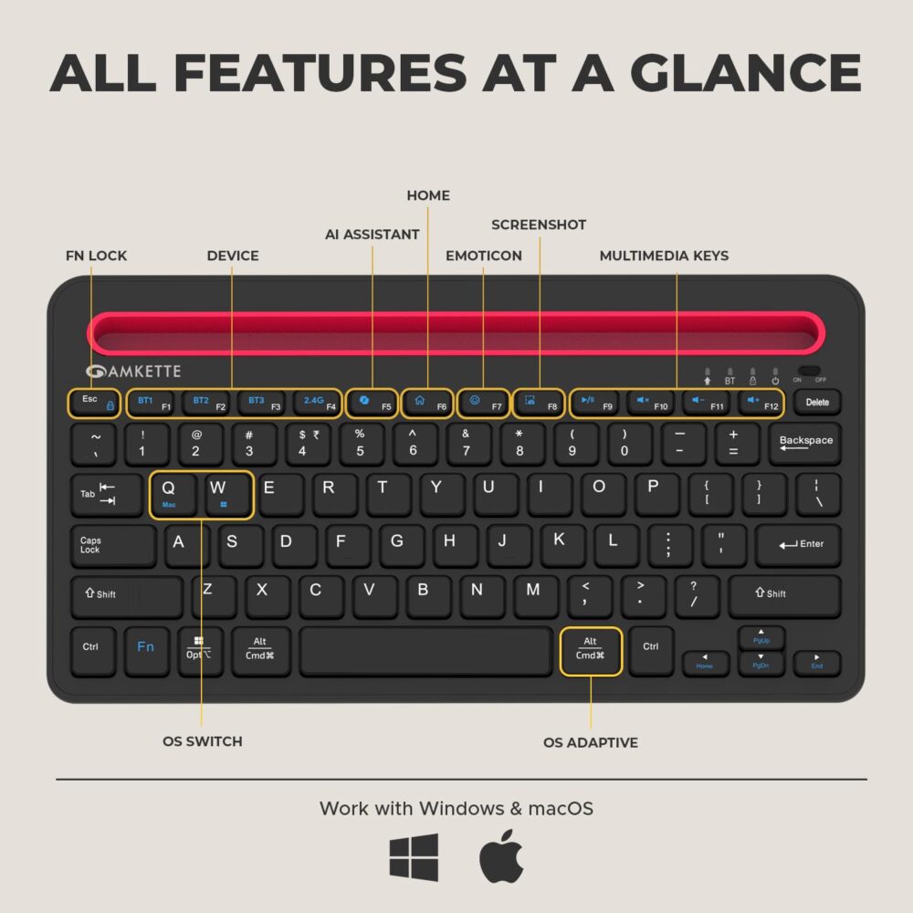 Amkette [New & Improved Optimus Pro Multi Device (4in1) Rechargeable Wireless Keyboard/Bluetooth Keyboard | One Click Device Switching & AI Access for MacOS & Windows | Tablet & Phone Holder (Black) - Image 2