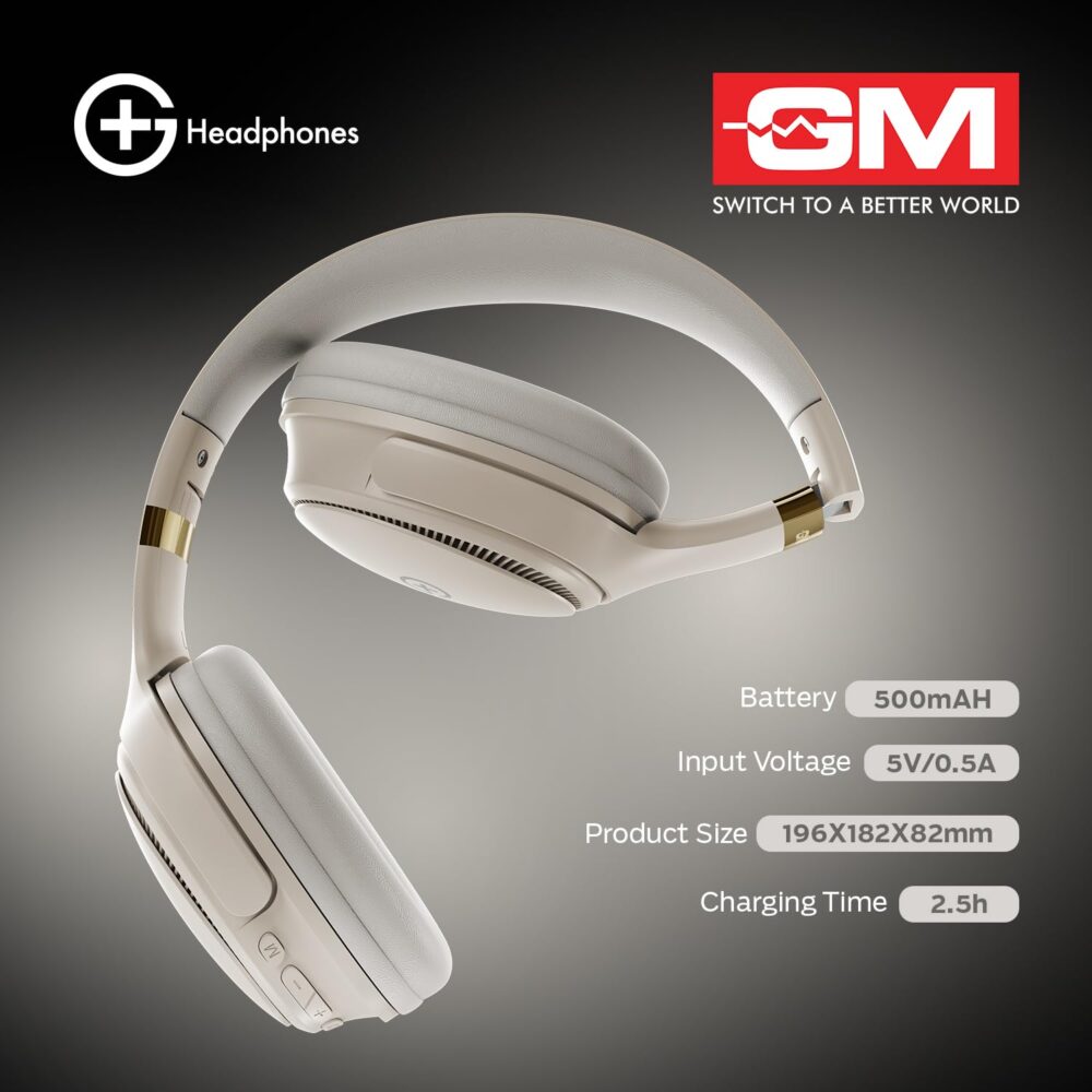 GM G+ Headphones, Over The Ear Headphones with Mic, BT 5.3, Pure Bass, 45ms Low Latency, Dual Pairing, 4 Play Modes (FM, Radio, SD Aux) 55H Playtime - White - Image 4