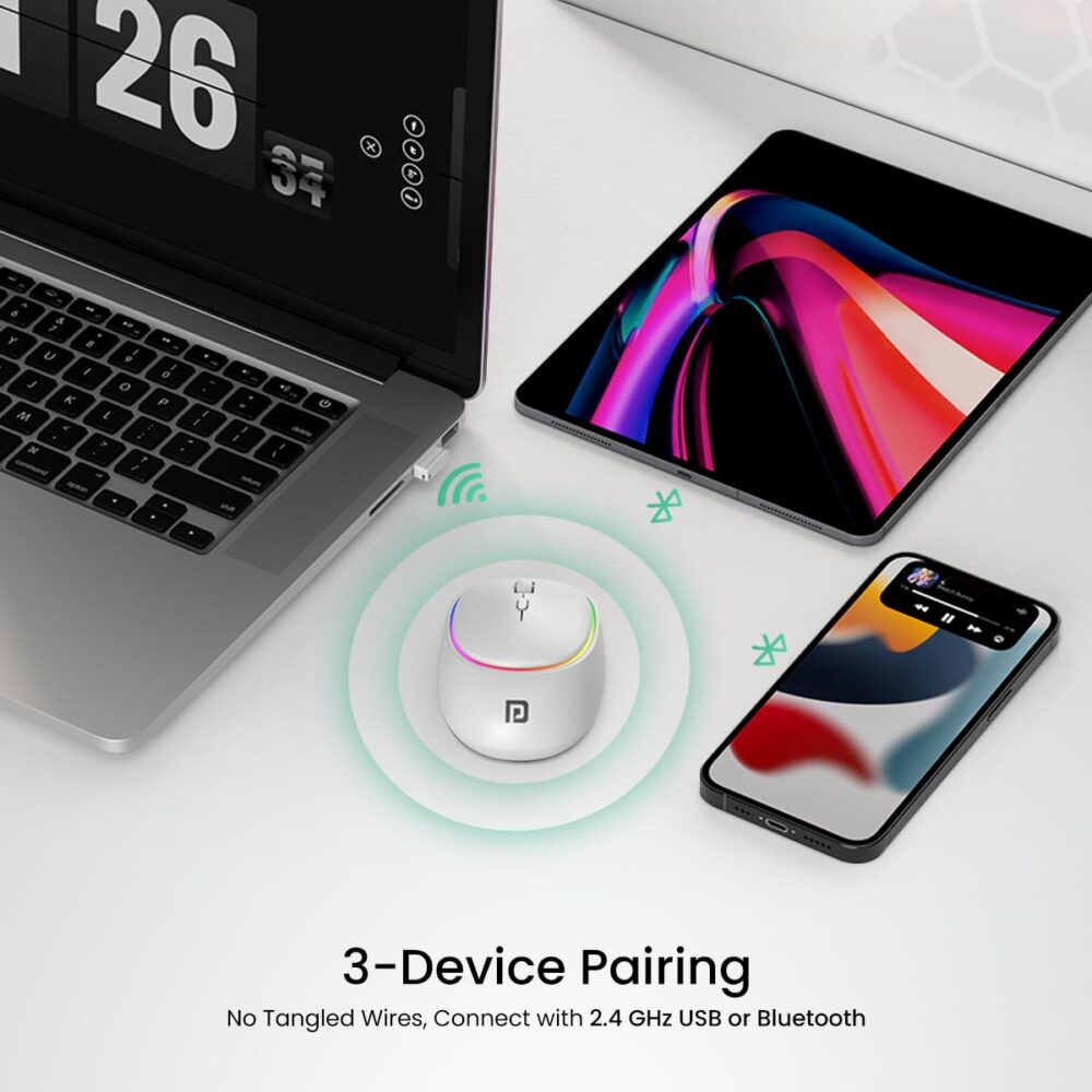 Portronics Toad IV Bluetooth Mouse with 2.4 GHz Wireless (Dual Connectivity), Rechargeable, Connect up to 3 Devices, RGB Lights, Adjustable Optical DPI, for Laptop, PC, Tablet, Smartphone (White) - Image 7