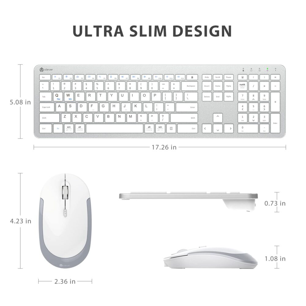 iClever Wireless Keyboard and Mouse GK08 - Rechargeable, Ergonomic, Quiet, Full Size Design with Number Pad, 2.4G Stable Connection Slim Mac Keyboard and Mouse for Windows, Mac OS Computer, Silver - Image 2