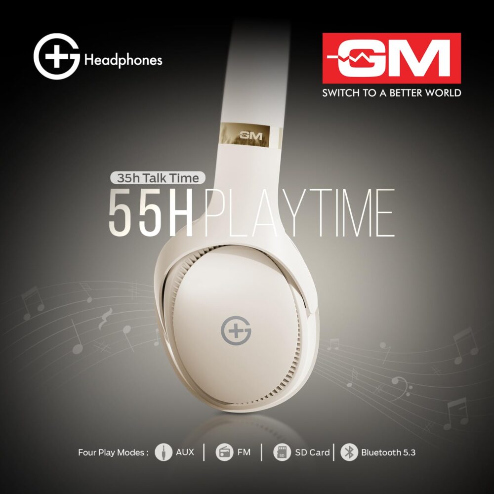 GM G+ Headphones, Over The Ear Headphones with Mic, BT 5.3, Pure Bass, 45ms Low Latency, Dual Pairing, 4 Play Modes (FM, Radio, SD Aux) 55H Playtime - White - Image 3